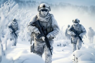 Fototapeta na wymiar Soldiers in winter camouflage patrolling a snowy landscape, showcasing military preparedness. Generative Ai