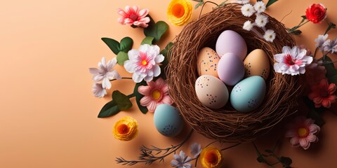 Colourful pastel easter eggs in a basket with flower decoration, banner, Generative AI