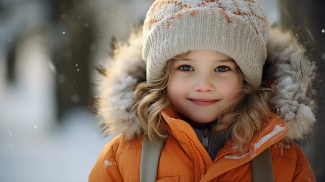 A child with a thick winter jacket outside in the snow in winter