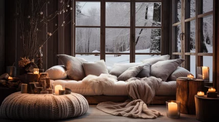Gartenposter Cozy room with large windows through which you can see a winter landscape © jr-art