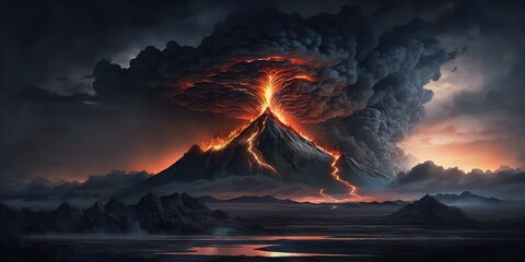 Volcanic eruption, lava and ash ejection into the sky, panorama, magma flows - obrazy, fototapety, plakaty