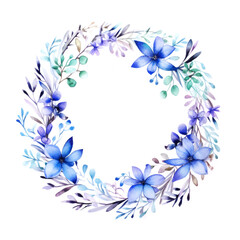 Fototapeta na wymiar Watercolour wreath frame border of blue spring summer flowers on white background