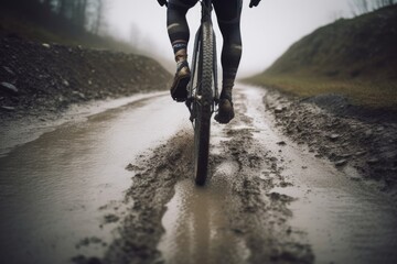 Riding road gravel bike in harsh weather conditions, Generative AI - obrazy, fototapety, plakaty
