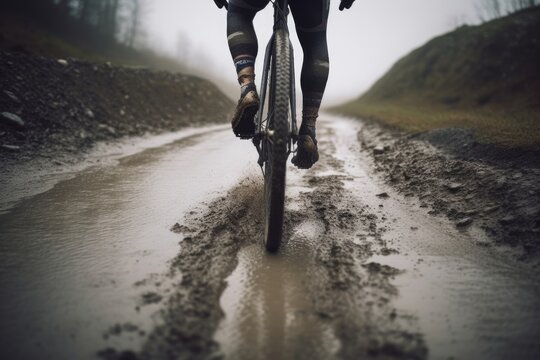 Riding road gravel bike in harsh weather conditions, Generative AI