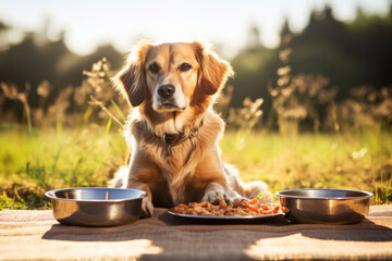 Adult golden retriever dog lying next to food and water plate at summer picnic sunny day. Cute pets concept - obrazy, fototapety, plakaty