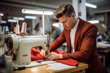 the man behind the sewing machine - obrazy, fototapety, plakaty