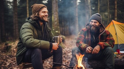 Men with beards congregate around campfire sharing stories to make night memorable. Two bearded male hikers with hands in pockets comes around fire enjoying conversation by tent in autumn forest.