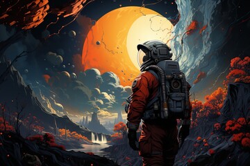 brave astronaut in an alien planet - obrazy, fototapety, plakaty