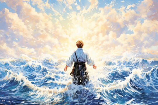 a men standing in the middle of the sea at dawn, illustration