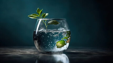 A glass ball with the world on it sits on a wet surface with water droplets on it. - obrazy, fototapety, plakaty