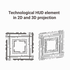 technological HUD element in 2D and 3D projection for design, diagrams, posters, postcards, web, technology descriptions, instructions