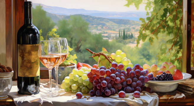 Bottles and wine glasses with grapes in the countryside, watercolor landscape