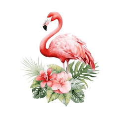 Pink flamingo with tropical leaves decor for greeting card watercolor paint on white background © Oleksiy