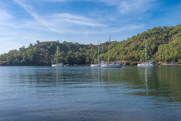 yachts anchored in the bay. gocek, mugla. turkey.