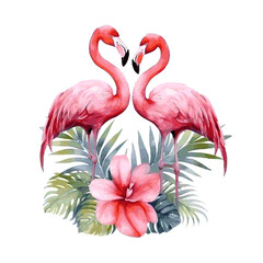 Pink flamingoes with tropical leaves decor for greeting card watercolor paint on white background