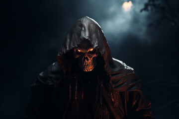 reaper, a skeleton in a raincoat