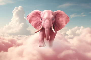 pink elephant flying in the clouds - obrazy, fototapety, plakaty