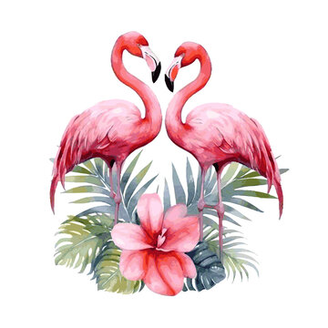 Pink flamingoes with tropical leaves decor for greeting card watercolor paint on white background © Oleksiy