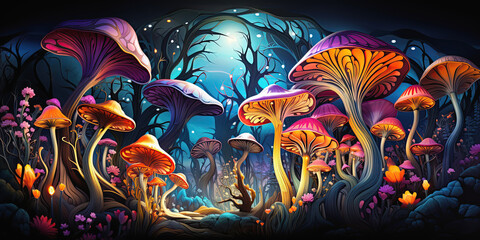 fairy tale magic forest with poisonous hallucinogenic mushrooms fly agarics amanita toadstool at night under the moon. Psychedelic banner