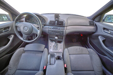 Car sensors and interior. Inside a modern car with transparent windows view, city car interior...