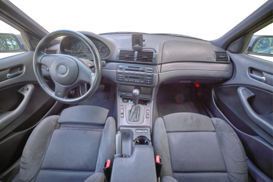 Car sensors and interior. Inside a modern car with transparent windows view, city car interior background png illustration