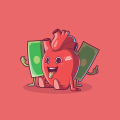 Heart character that loves money vector illustration. Finance, currency, love design concepts.