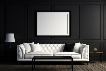 Modern white leather sofa with legs and cushions in a minimalist living room with black walls, a loft table and a white lamp. Modern living room interior. Generated by artificial intelligence
