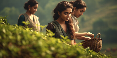 Young Indian woman picking tea leaves - obrazy, fototapety, plakaty