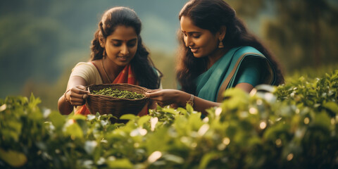 Young Indian woman picking tea leaves - obrazy, fototapety, plakaty