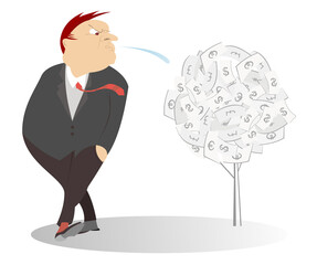 Money means nothing. Man spitting to the money tree. Concept.
Cartoon man spitting to the money tree. Isolated on white background
