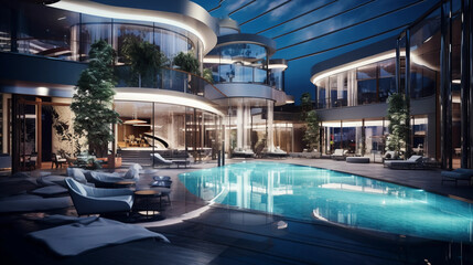Luxury five star hotel indoor pool. Modern futuristic smart building of millionaire. - obrazy, fototapety, plakaty