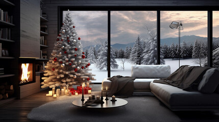 White minimal Christmas interior with winter wonderland landscape view from window.Christmas tree...