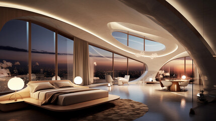 Luxury apartment. Smart home indirect light. Modern warm minimal bedroom. - obrazy, fototapety, plakaty