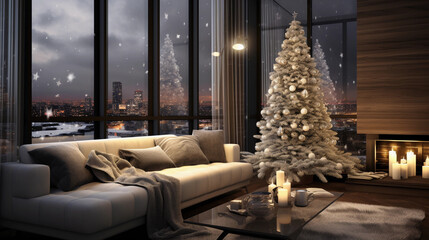 Obraz premium Modern indoor Christmas living room with a sofa. White beautiful glowing Christmas tree with fireplace and candles. Dark background romantic holiday scene.