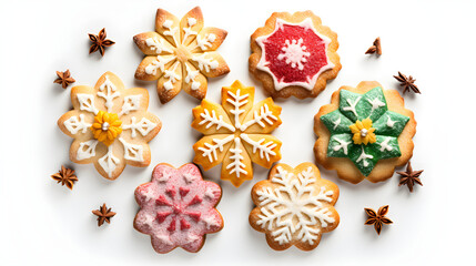 Beautiful cookies assorted close-up. white background horizontal view from above - obrazy, fototapety, plakaty