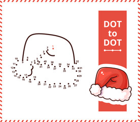 Connect the dots and draw cartoon red Santa hat.