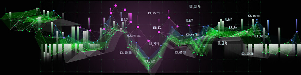 Abstract background chaotic wireframe grid from color dots and  blurred lines and data on dark. Technology concept data grid. Banner for business, science and technology data analytics. Big Data.