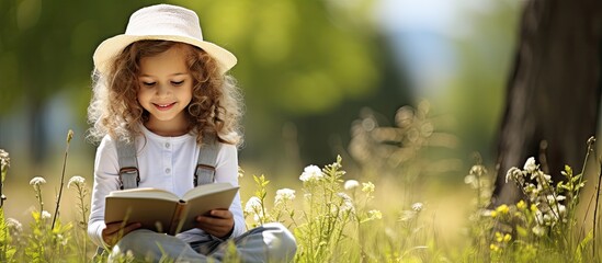 Young girl leisurely reading a book outdoors on a beautiful summer day - obrazy, fototapety, plakaty