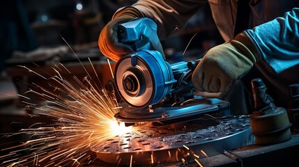 grinding cutting metal sheet with angle grinder machine and sparks	 - obrazy, fototapety, plakaty