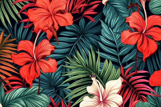 Floral tropical pattern with palm and jungle leaves. Generative AI