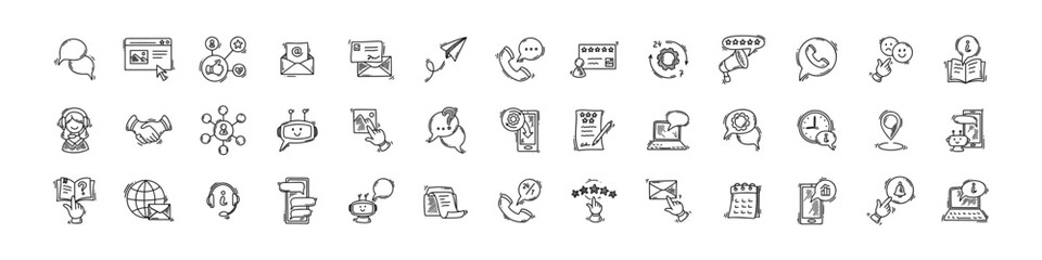 Doodle contact us icon set. 24 hours email, phone, web site, chat bot, call customer support and service. Social media, web page, messaging sketch symbols. Subscribe for newsletters - obrazy, fototapety, plakaty