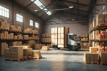 A warehouse with a delivery vehicle and racks stocked with cardboard boxes and parcels, depicted through 3D rendering. Generative AI