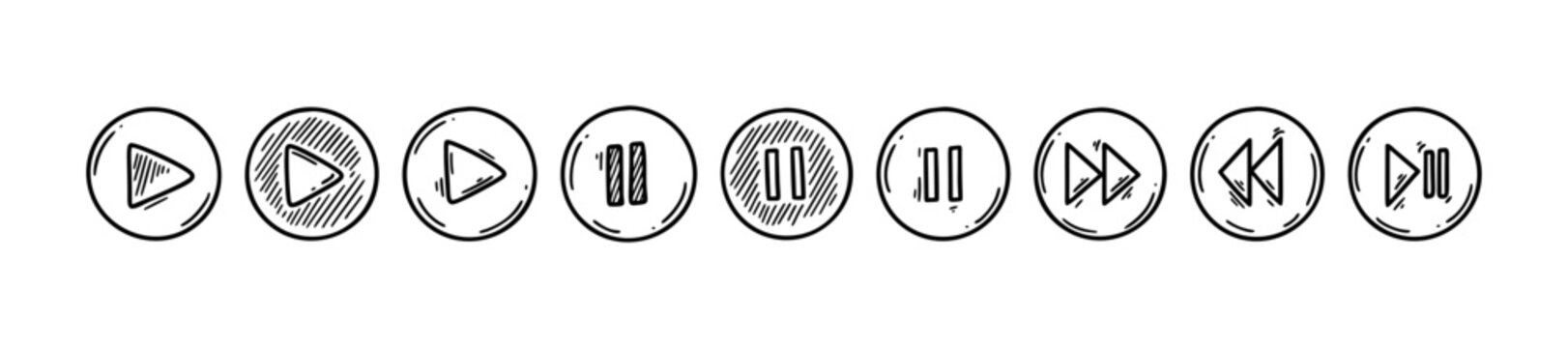 Doodle play, pause, rewind, stop, back buttons. Sketch video and audio computer and media player interface circle icons. Hand drawn music and movie pc symbols
