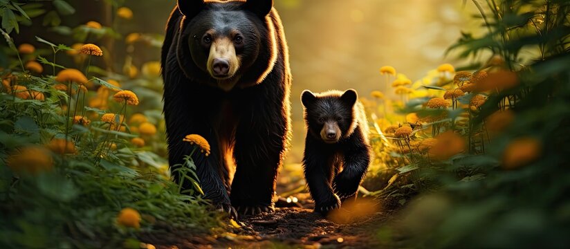 The sun bear of Malaya and its bear cub stroll together on the path through the forest