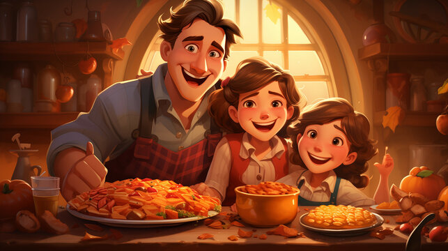 A family enjoying a Thanksgiving dinner together, background wallpaper - Generative AI