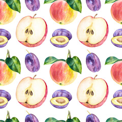 Seamless watercolor fruit pattern with apples and plums on the transparent background.