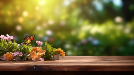 spring flower and butterfly and sunny garden bokeh background - obrazy, fototapety, plakaty