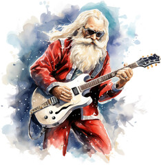 Watercolor Clipart of Rock and Roll Santa Claus with Guitar for Christmas