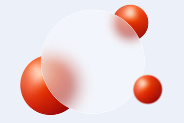 Website landing page template in glass morphism style. Round presentation screen with the effect of a glass banner overlaying red spheres.