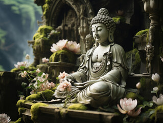In the mountains, a Buddha statue with lotus flowers next to it.